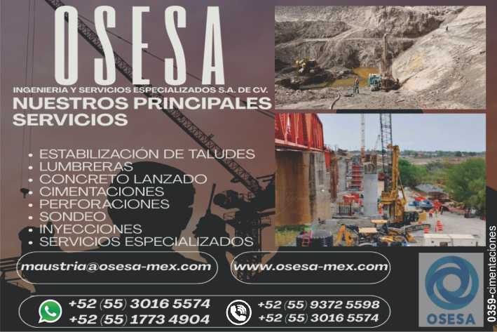 Estabilizacion de Taludes, Lumbreras, Concreto Lanzado, Cimentaciones, Perforaciones, Sondeo, Inyecciones. Servicios Especializados.