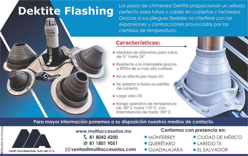 Los pasos de chimenea Dektite proporcionan un sellado perfecto para tubos y cables en cubiertas y fachadas, gracias a sus pliegues flexibles no interfiere con las expansiones y contracciones