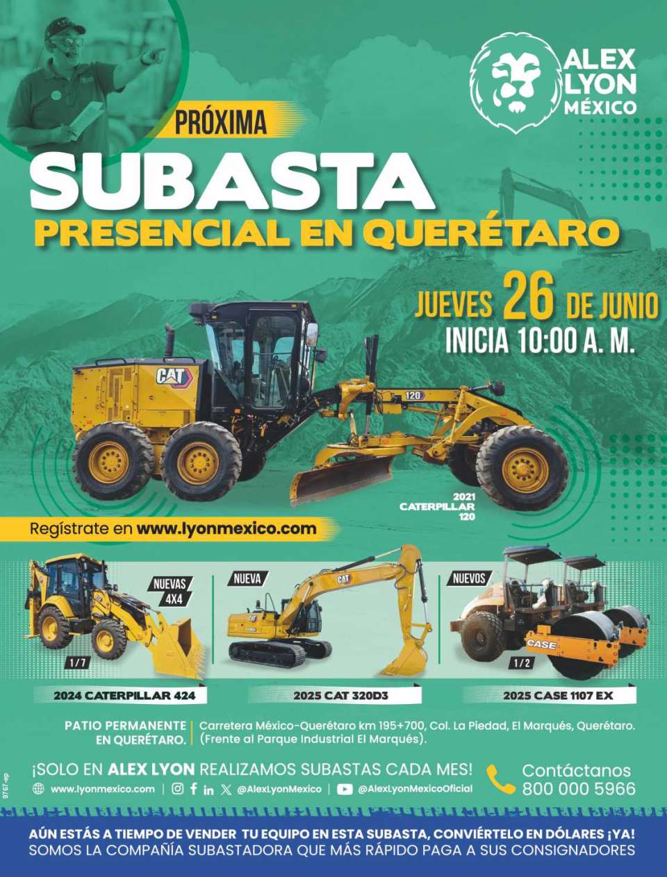 Alex Lyon la subastadora de Maquinaria para construccion con mayor crecimiento en Mexico. Si no puede asistir, puede comprar en LYON bid on line y Ofertas en vivo Proxibid. www.lyonmexico.com Alex Lyon la subastadora de Maquinaria para construccion con mayor crecimiento en Mexico. Si no puede asistir, puede comprar en LYON bid on line y Ofertas en vivo Proxibid. www.lyonmexico.com